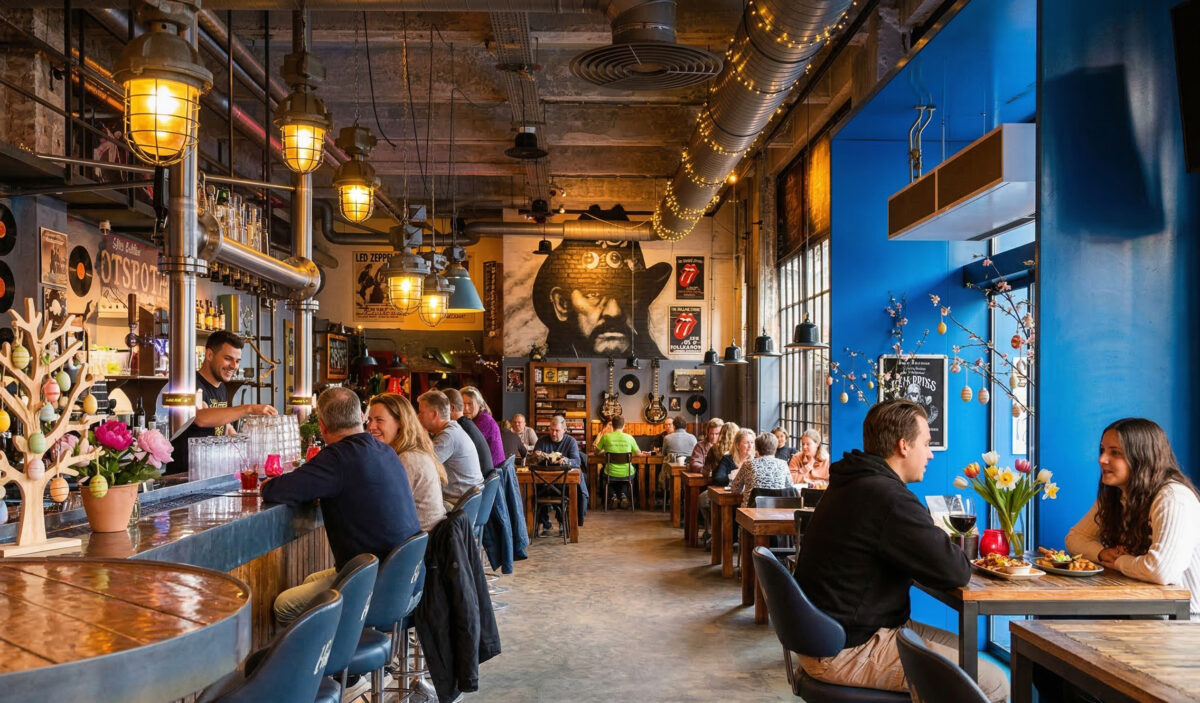 Interieur van Blue Collar Café in Eindhoven op Strijp-S tijdens het paasweekend met gasten die genieten van eten en drinken in een industriële setting