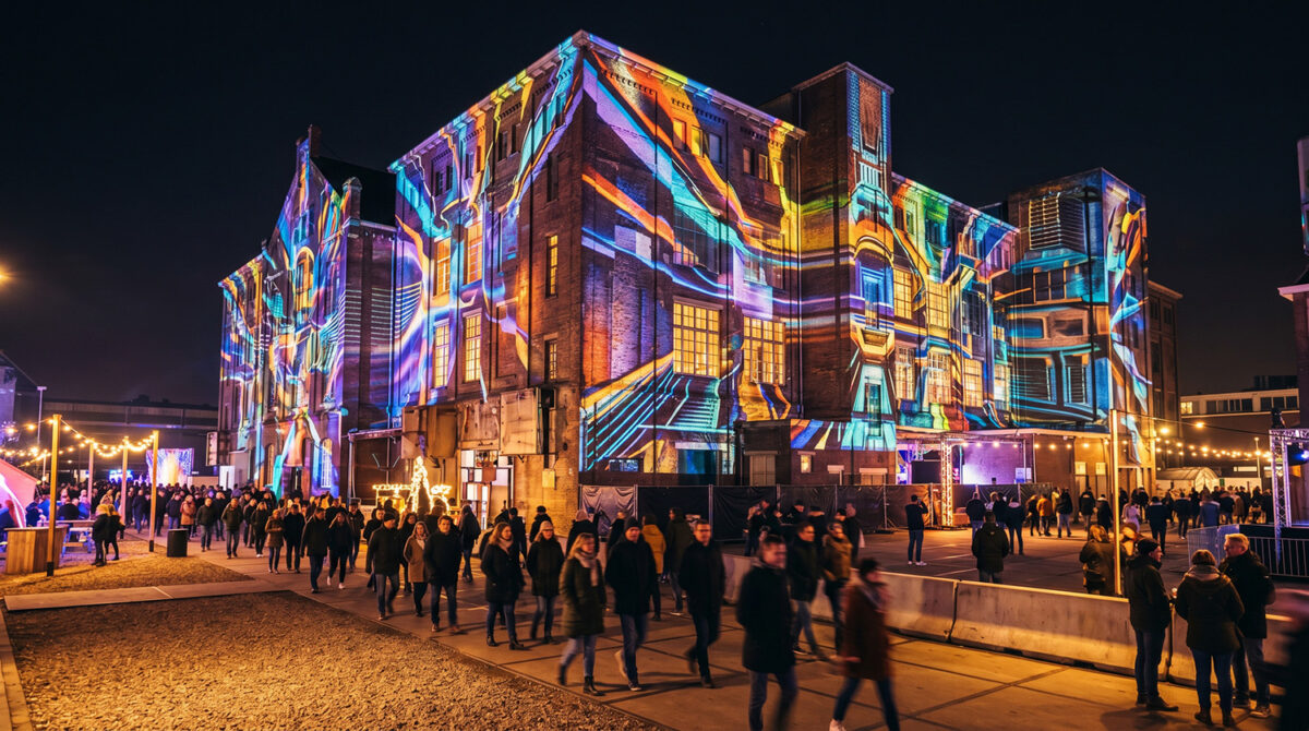 Bezoekers bekijken kleurrijke lichtprojecties op het Klokgebouw tijdens GLOW Eindhoven op Strijp-S