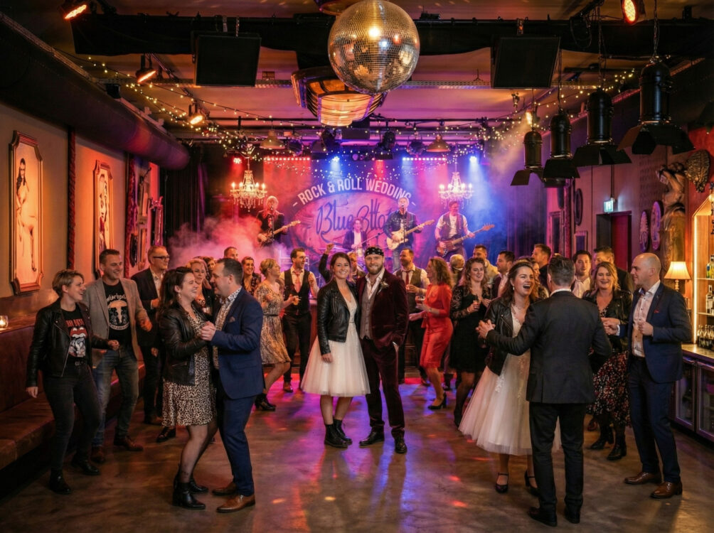 Rock and roll bruiloft bij Blue Collar Café in Eindhoven met live band en dansende gasten op Strijp-S